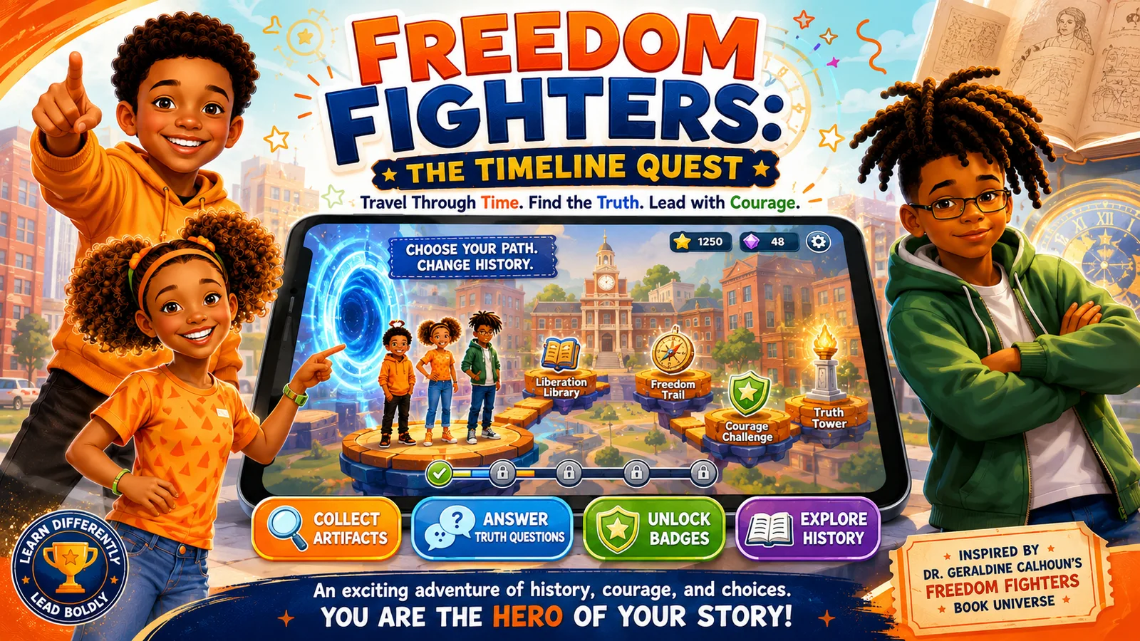 Freedom Fighters Quest game preview showing the historical timeline adventure